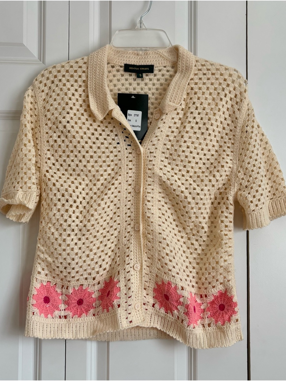 Cream Crochet Button-Front Cardigan with Pink Floral Hem